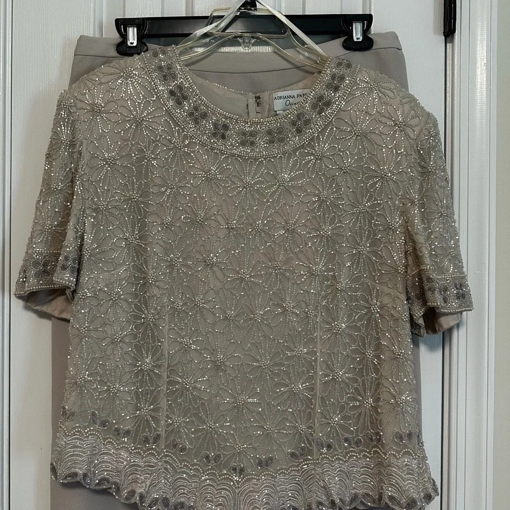 Mother of Bride Wedding Dress Adrianna Papell Taupe Beaded Top and Long Skirt 18 - Picture 12 of 12